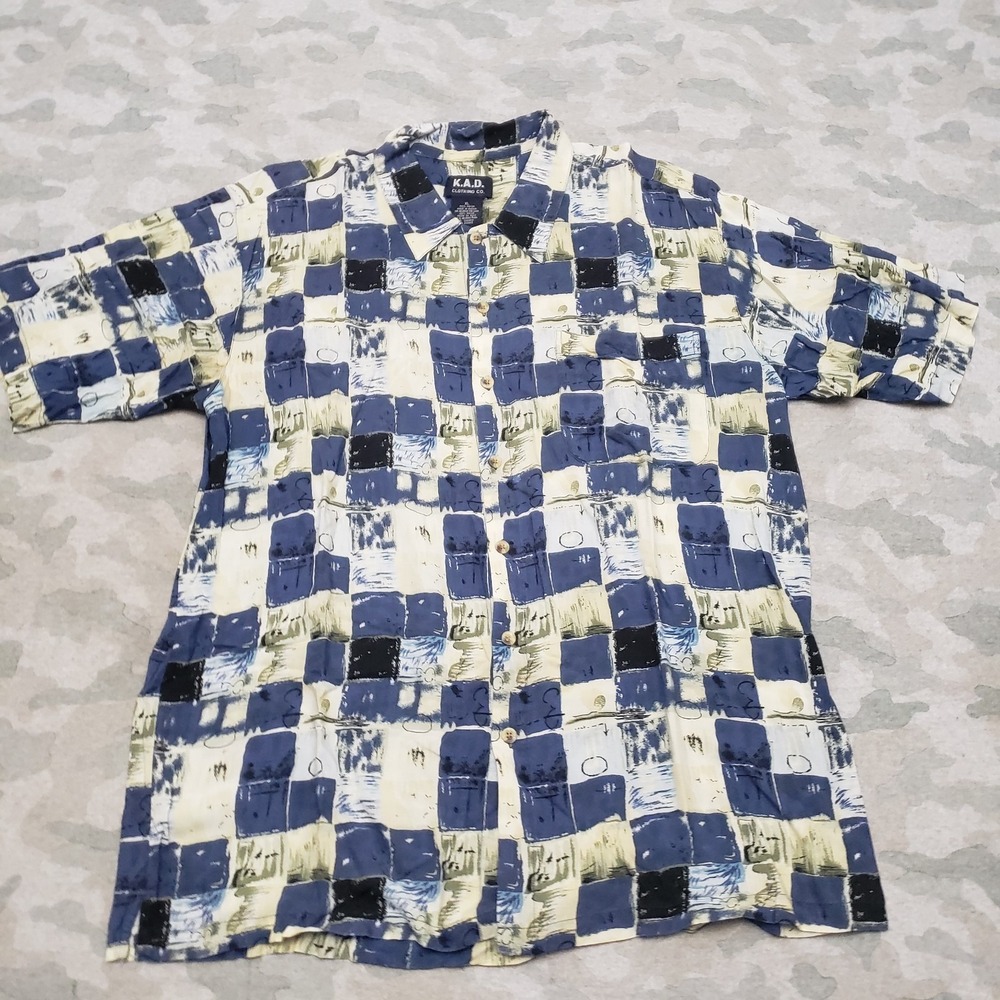 K.A.D. Hawaiian Shirt Mens XL Blue Short Sleeve Button-Up Check Beach Relax